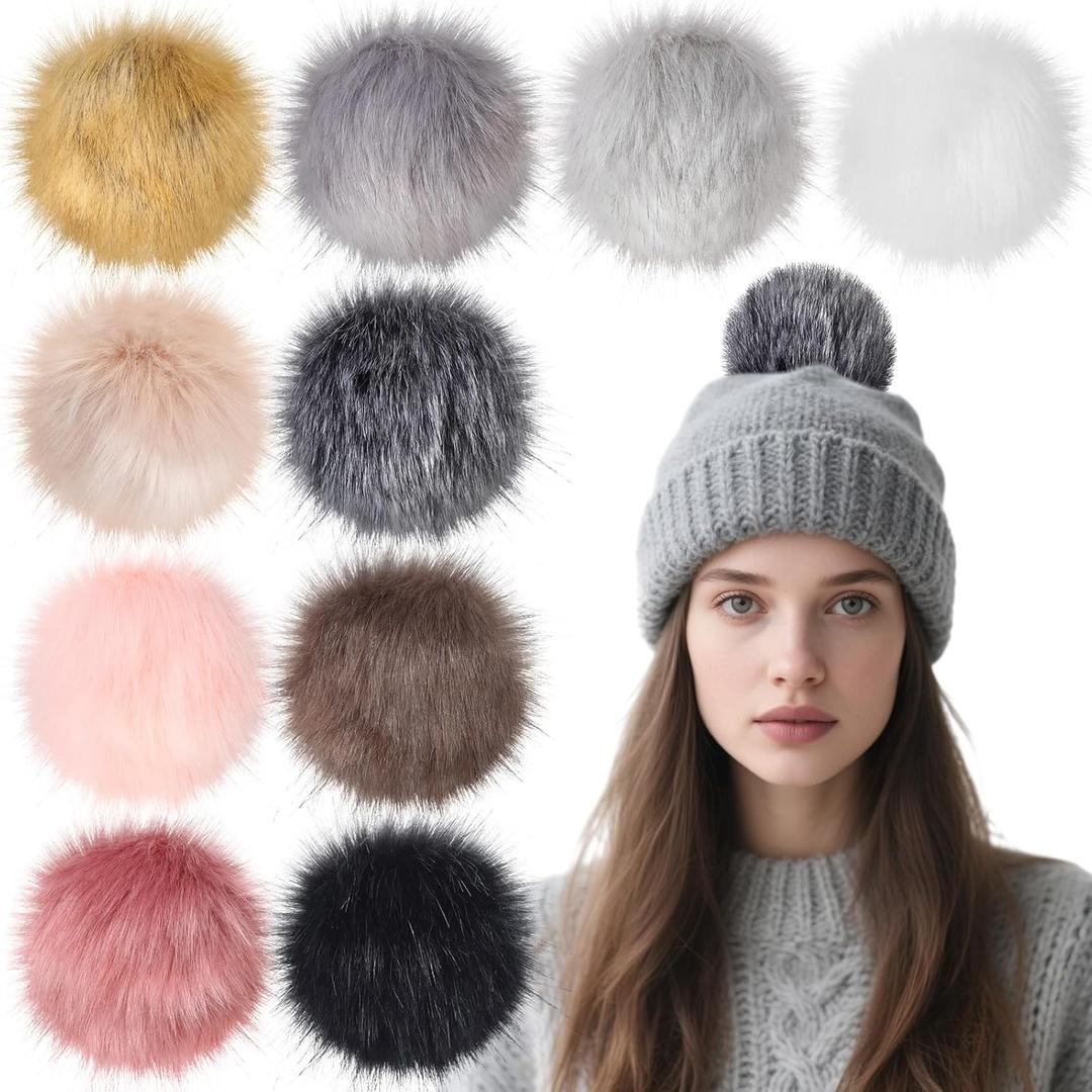 Juinte 10 Pcs 6inch Faux Fur Pom Pom for Hats Large Fluffy Pompom Balls for Valentine's Day DIY Crafts with Elastic Loops for Beanies, Shoes, Keychain, DIY Knitting Accessories (Classic Neutrals)