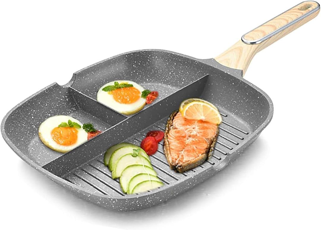 JUSTUP Nonstick Grill Pan, 3-in-1 Egg Pan 11 Inch Non Stick Skillet Pan, Heat Resistant Handle 3 Section Skillet Pancake Pan, Divided Pan Cooking Pan for Breakfast, Egg, Bacon and Burgers