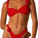 Women's 2 Piece Rose Floral Appliques Bikini Set Elegant Ruched Underwire Swimsuit High Cut Bathing Suit (Red, XS)