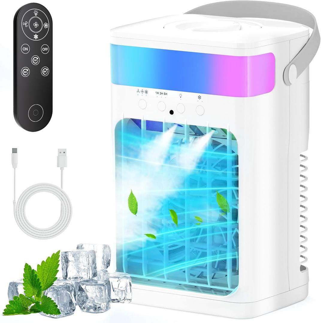 Portable Air Conditioner, Cooling Fan with 3 Speeds & 3 Modes, Evaporative Mini Air Conditioner Fan with Remote for Home/Office, Night Light, 1500 ml