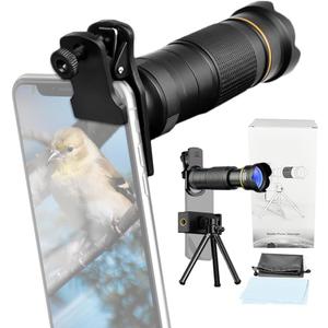 Andoer 36X Telephoto Lens Kit with Mini Tripod, Phone Clip, Holder, Lens Bag, Cleaning Cloth for Hiking, Camping, Wildlife Observation, Moon, Sports, Game, Concert Watching, Gold