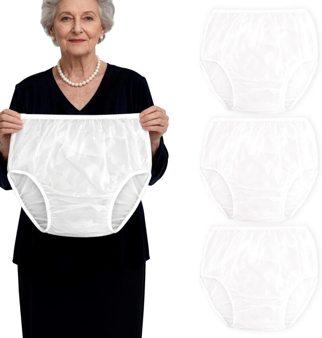 Adult Diaper Cover Plastic Pants, Washable Reusable Waterproof Underwear, Rubber Pants for Adults with Leak Protection, Adjustable Briefs for Incontinence Care (White, Large)