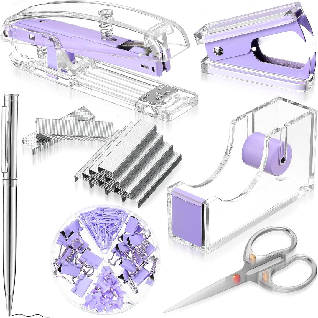 Office Supplies Set Desk Accessory Kit, Acrylic Stapler Set Staple Remover, Tape Dispenser, Binder Clips, Paper Clips, Ballpoint Pen and Scissor with 1000 Pieces 26/6 Staples (Purple)