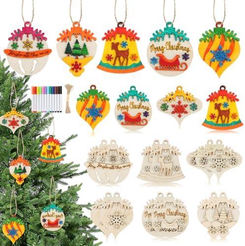 12 Pcs DIY Wooden Christmas Ornaments, Christmas Crafts for Kids Ages 4-8 8-12 Art Craft Supplies Painting Kit For Boys, Girls, Stocking Stuffers Party Favors Gifts, Hanging Xmas Holiday Home Decor