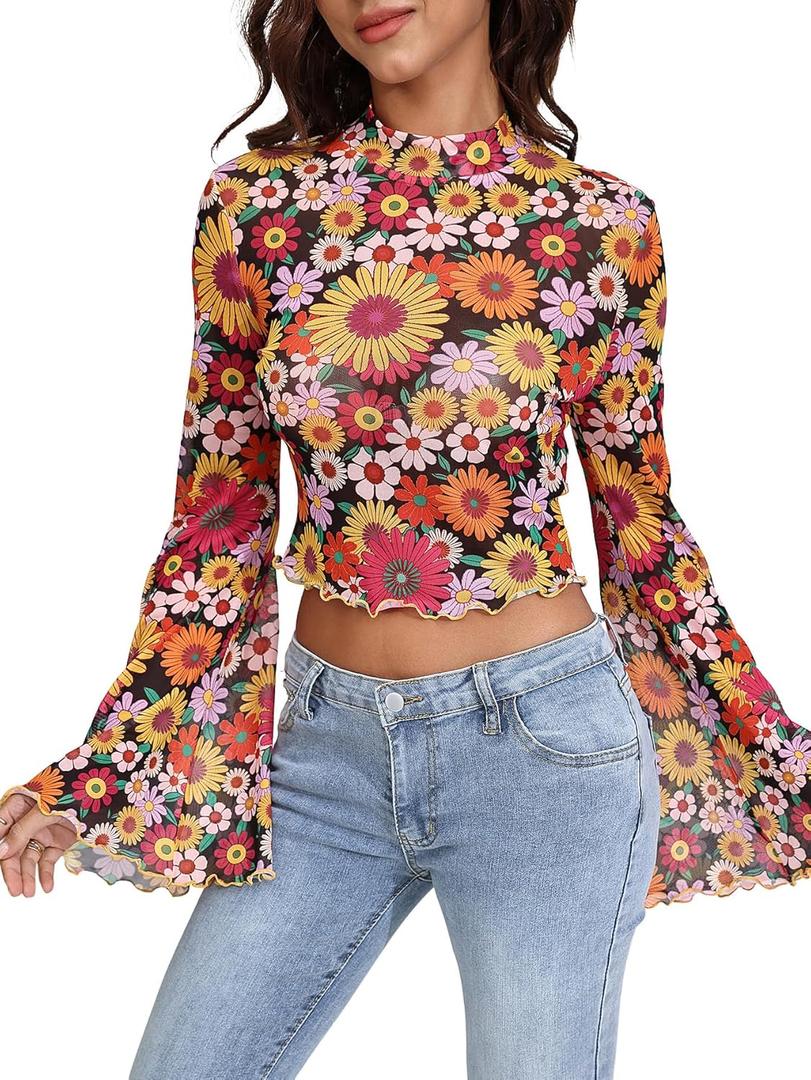 Women's Y2K Floral 70s Top Hippie Shirt Sheer Mesh Tee Shirt Disco Long Bell Sleeve T Shirts Crew Neck Boho Crop Tops (X-Large)