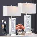 Modern Table Lamp Set of 2 Touch Control, Silver Mirror Big Diamond Crystal Bedside Lamp with USB C+A Ports, 3-Way Dimmable Mirrored Nightstand Lamps White Fabric Shade for Living Room Bedroom