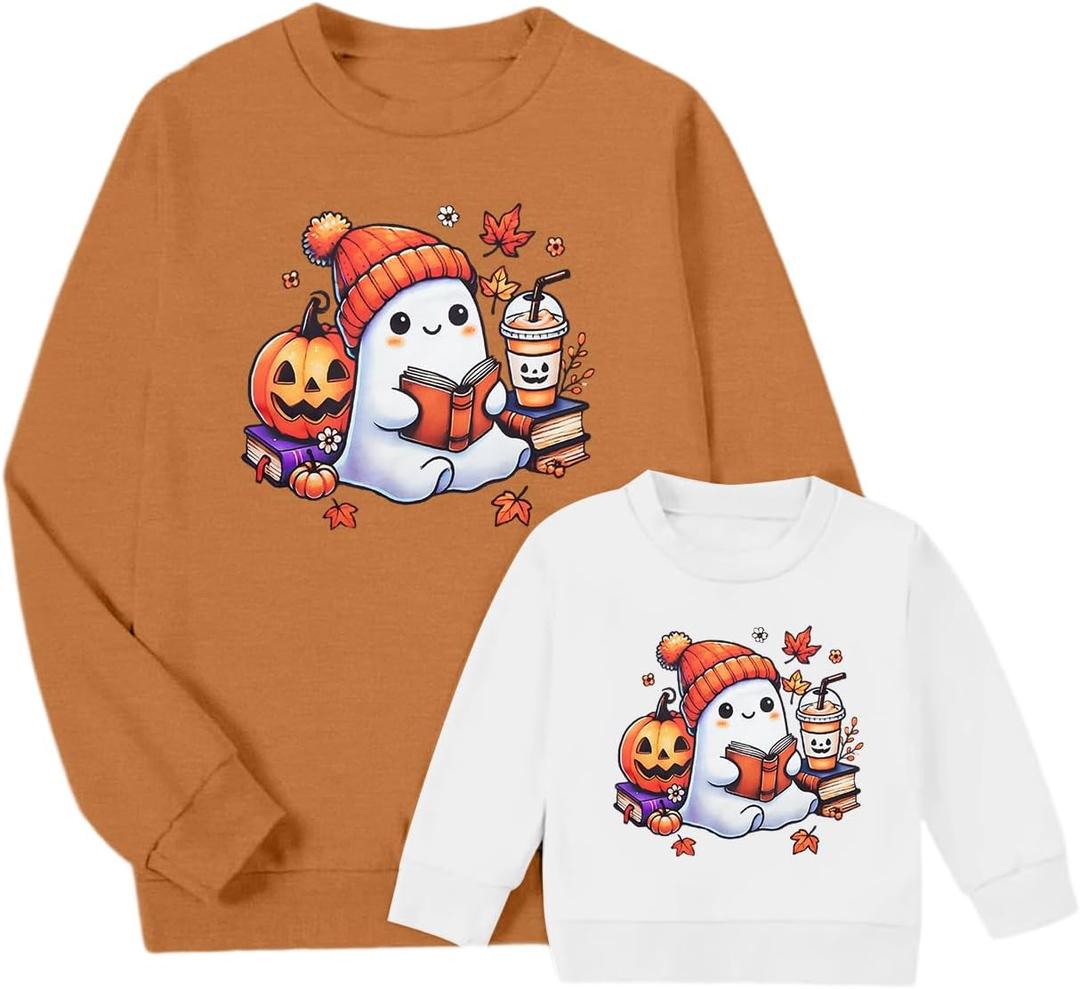 FASHGL Mommy and Me Matching Outfits Halloween Sweatshirt Cute Ghost Pumpkin Sweater Spooky Season Baby Girl Fall Shirt 100