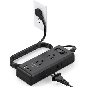 Cruise Essentials, Flat Plug Power Strip, HANYCONY 5ft Ultra Flat Extension Cord - 6 Outlets 3 USB Ports (2 USB C) Desktop Charging Station, No Surge Protection for Travel, Dorm Room Essentials, Black