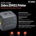 ZEBRA ZD421 Thermal Transfer Desktop Printer 300 dpi Print Width 4-inch USB Ethernet ZD4A043-301E00EZ