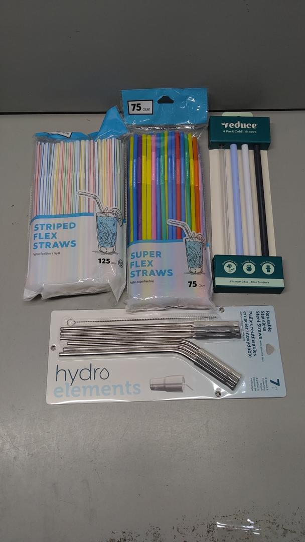 Straws 4 Pack: 200 Plastic Colorful Super Flex Straws and 10 Reusable Stainless Steel Straws