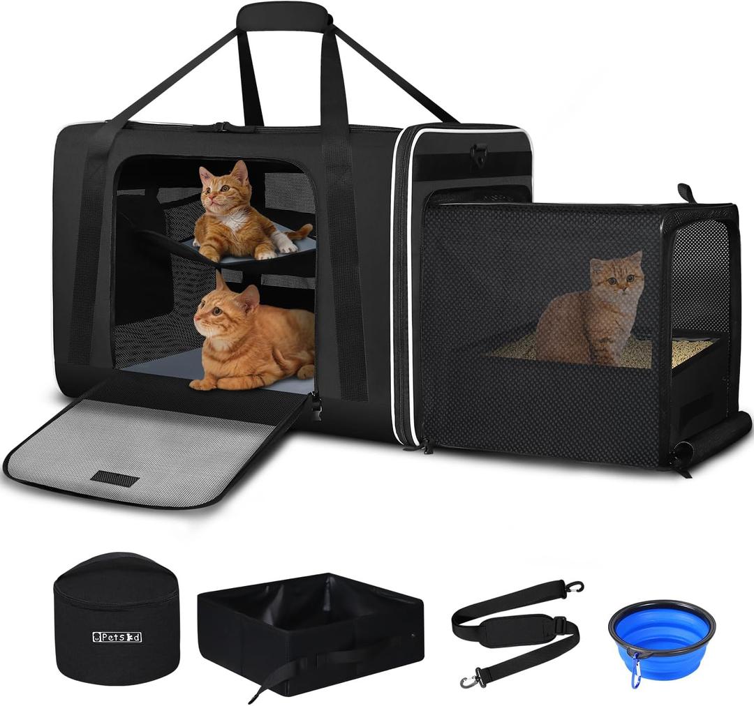 Side Expandable Extra Large Cat Carrier with Litter Box, Black, 24"L x 17"W x 17"H