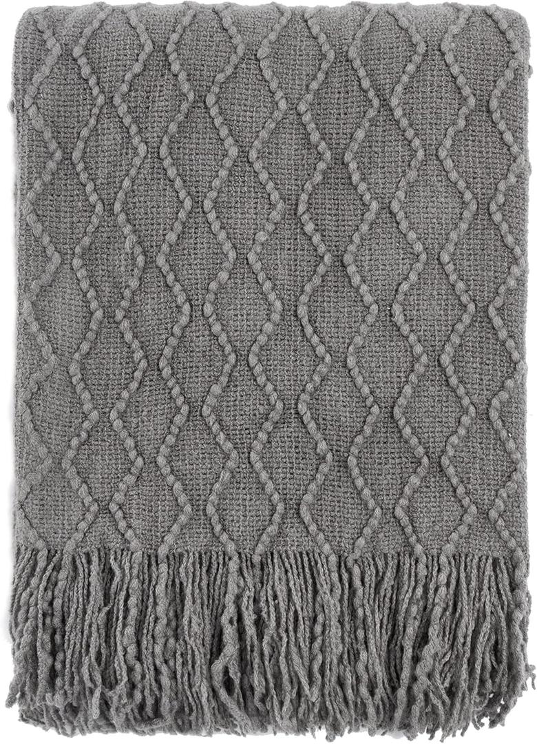 BATTILO HOME Dark Grey Throw Blanket for Couch, Textured Solid Soft Sofa Throw, Knitted Decorative Grey Blanket, 50"x60"