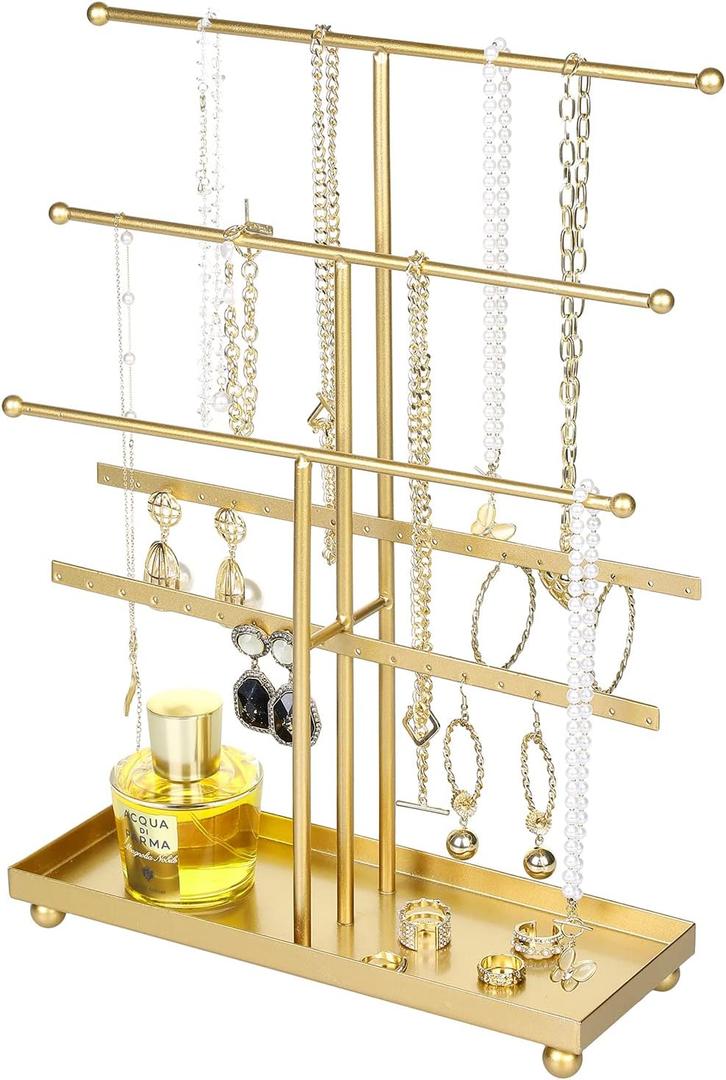 MyGift 5-Tier Gold Metal Jewelry Organizer Stand with Earring Hooks & Ring Tray - T-Bar for Tangle-Free Necklace Bracelet Display - Home Store Boutique (16.25" H)