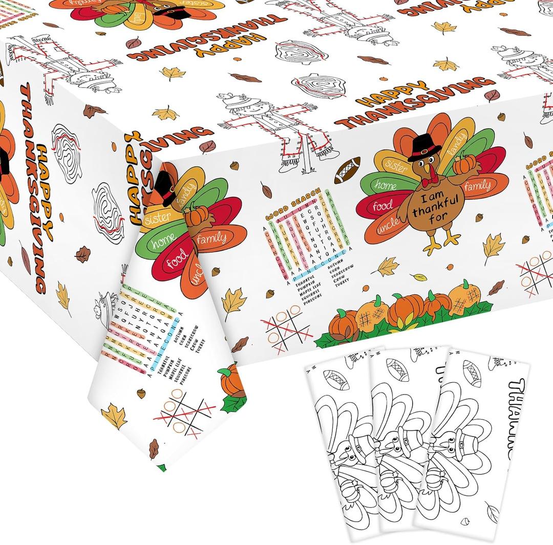 3 Piece Giant Thanksgiving Coloring Tablecloth Disposable for Kids, Fall Harvest Paper Coloring Table Cover with Turkey Pumkin for Children Crafts 