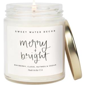 Sweet Water Decor Merry and Bright Candle - Bayberry, Fir, Nutmeg, and Clove Winter Holiday Scented Soy Candles for Home - 9oz Clear Jar, 40 Hour Burn Time, Made in The USA (Script Label)