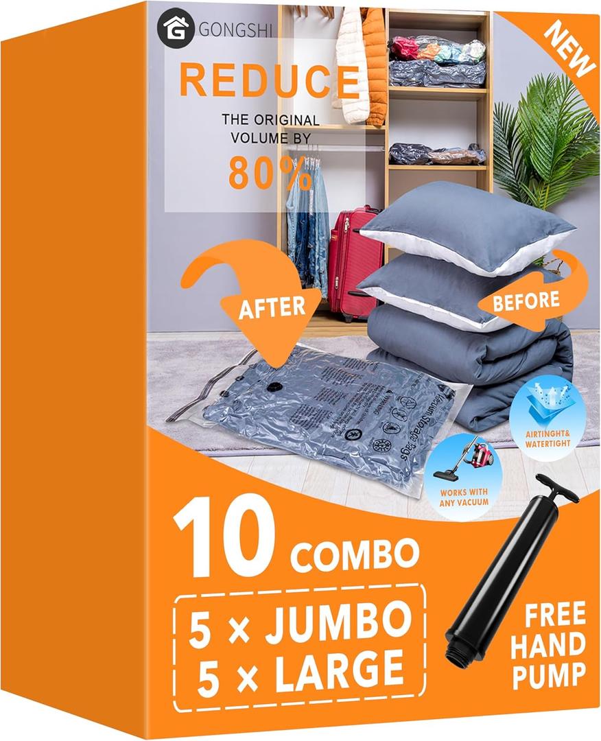 GONGSHI Vacuum Storage Bags, Space Saver Seal Bags For Clothing, Travel Luggage,Blankets, Comforters, Pillows, Clothes Storage.5 Jumbo 5 Large