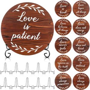 10 Sets Aisle Signs with Holders - 1 Corinthians 13 Round Wooden Signs, 10.8 Inch Love is Patient Kind Rustic Wood Wedding Signage Bible Verses Wall Decor Gift