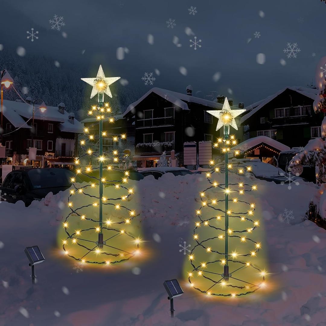 Outdoor Christmas Decorations, 2 Pack 20'' Spiral Solar Christmas Tree Lights, 8 Modes Solar Pathway Lights, Waterpoof Light up Prelit Xmas Tree for Garden Patio Yard Walkway DrivewayWarm White