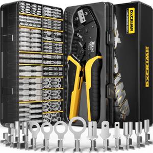Crimping Tool Kit, 14-Type Open Spade & Quick-Disconnect Connector Set (2.8/3.9/4.8/6.3 mm) Non-Insulated Brass Terminals, 2414 AWG Ratcheting Crimper, for Automotive, Marine, Appliance, DIY