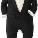 Baby Boy's Cotton Gentleman Romper Suits Party Tuxedo One Piece Outfit Lapel Tie Fake Two Piece Jumpsuit,  6-12 Months