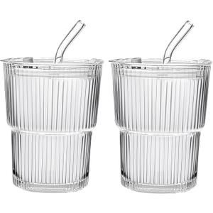 13oz/400ML Glass Tumbler with Straw and Lid Ribbed Vertical Ice Coffee Cups Sealed Carry on for Coffee Iced Tea, Thick Wall Glassware Tumbler Water Glass (2Pcs) (Clear)