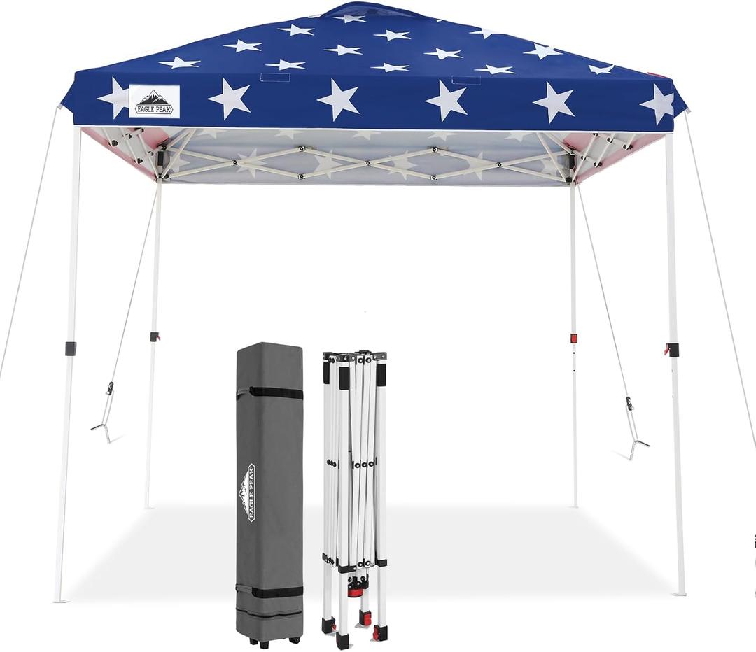 EAGLE PEAK Pop Up Canopy Tent with Wheeled Carry Bag, 8 Stakes, 4 Ropes, Easy Set Up Tent Canopy, 8x8 ft, American Flag