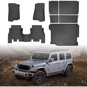 Floor Mats & Cargo Liner for 2018-2025 Jeep Wrangler JL Unlimited 4X4 4 Door Accessories Backrest Mat 2 Row Liner Set All Weather TPE 3D Cargo Mat for Wrangler JL Accessories 6PCS(Not for 4XE)