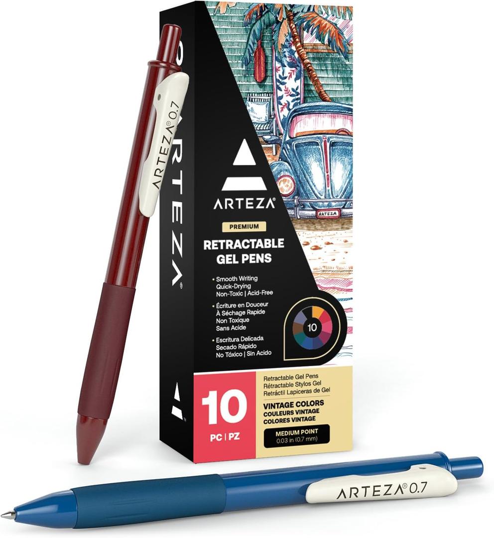 ARTEZA Gel Pens Colored Set of 10, Unique Vintage Colors, Retractable Pens Assorted Colors
