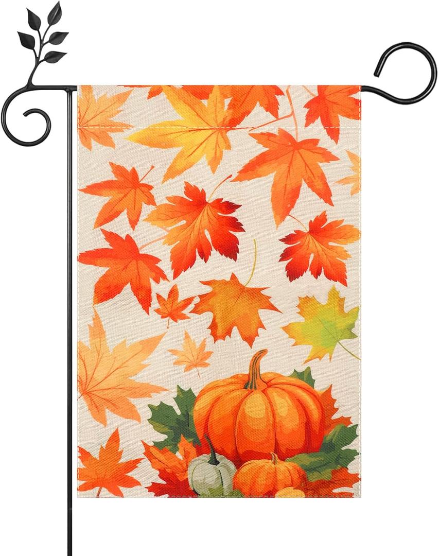 3 x Thanksgiving Garden Flag, 12x18 Inch Double Sided Thanksgiving Garden Flags for Outside Burlap Maple Leaves Pumpkin Yard Flag Porch House Banner for Harvest Autumn Holiday Outdoor Porch Lawn Decor