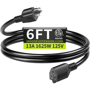 16/3 Black Extension Cord 6 FT Indoor, Short Extension Cord for Laptops, Coffee Makers, Office Home Appliances, 3 Prong Small Resistant Cable Flexible, 13A 125V 1625W ETL Listed