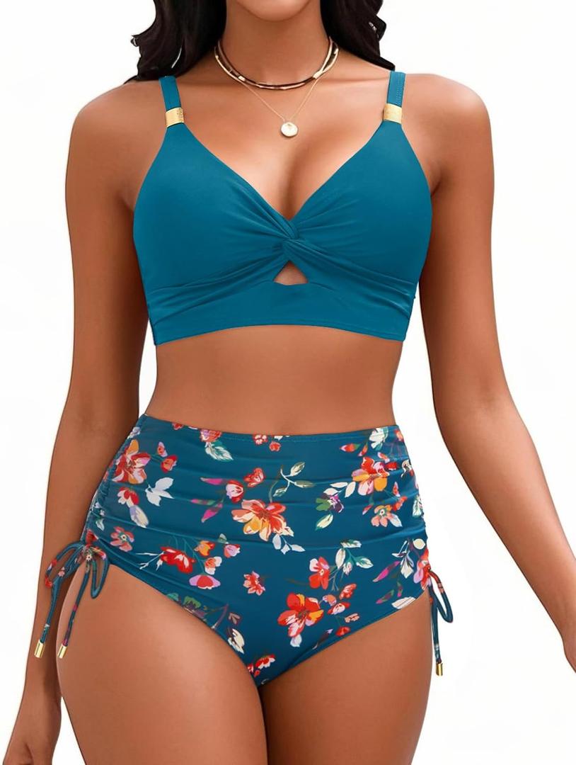 High Waisted Bikini - Two Piece Swimsuit for Women Tummy Control Modest Bathing Suit 2025 Cutout Twist Swimwear (Large, Teal and Floral)