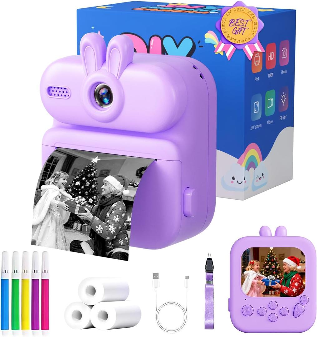 Instant Print Camera for Kids: Gleeglee 1080P Kids Camera Instant Print - 32G SD Card - Lanyard - Christmas Birthday Gifts for Girls Boys - Portable Toy for 3 4 5 6 7 8 9 10 Years Old, Purple Rabbit