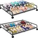 Under Bed Shoe Storage Organizer, 2 Pack Metal Mesh Under Bed Storage Containers with Wheels, Shoe Organizer Drawer Space Saving for Bedroom