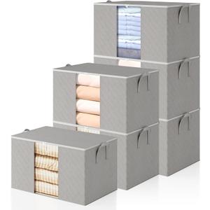 6 Pack Clothes Storage Bags - 90L Blanket Organizers and Storage for Closet Large Storage Bins with Lids and Zipper Storage Containers for King Comforter, Pillow and Sweater (Grey, 6 Pack)