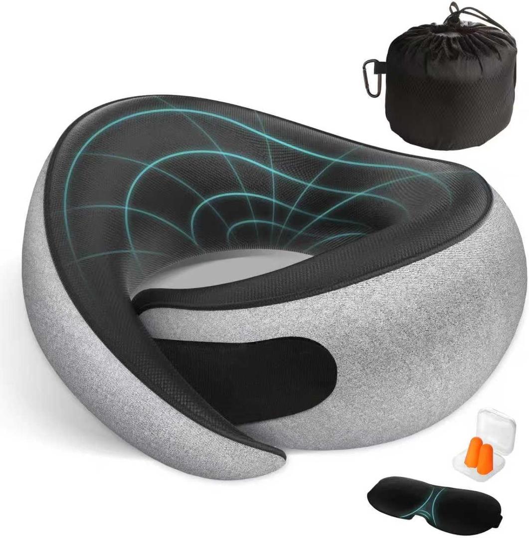 FIOGIKO Travel Neck Pillows for Airplanes - 360 Ergonomic Memory Foam Travel Pillow - Relief Neck Pain with Breathable Support for Long Flights, Car, Train & Office Use - Adults & Kids
