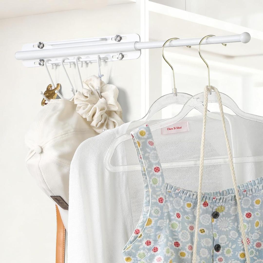 12 inch Valet Rod for Closet Pull Out, Heavy Duty Closet Valet Rods Slide Out, Adjustable Pull Out Closet Rods for Hanging Clothes with 4 Hooks Closet Organizers and Storage (White)