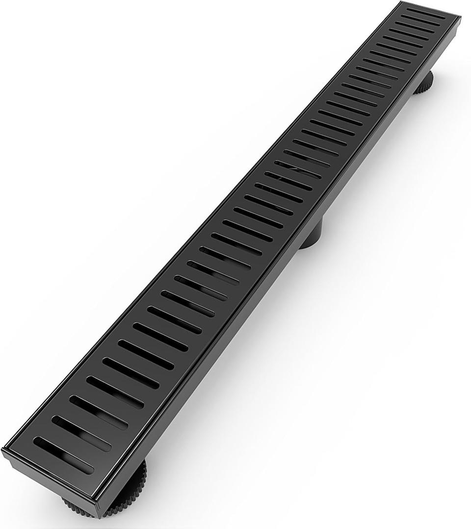 28 Inch Linear Shower Drain Rectangular Floor Drain with Accessories Capsule Pattern Cover Grate Removable SUS304 Stainless Steel CUPC Certified Matte Black