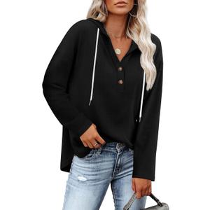 RUMIA Womens Tops V Neck Button Sweatshirt for Women Pullover Long SLeeve Shirts Fall Outfits 2025 Loose Fit S-3XL (Black, L)