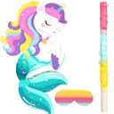 Small Unicorn Piata with Piata Stick Blindfold and Confetti Rainbow Unicorn Piata for Girls Birthday Party Pink Unicorn Party Supplies for Princess Parties Fiestas Decorations(Unicorn Mermaid)