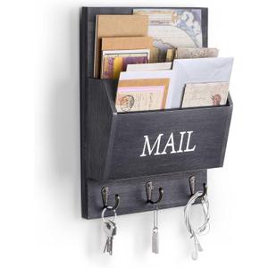 DLQuarts Mail Organizer with Key Holder for Wall, Mail Sorter Wall Mounted, Decorative Wooden Key and Mail Holder with 3 Hooks, Black