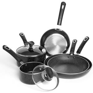 Non Stick Kitchen Cookware 7-Piece Set, Non-Induction, Includes Pots and Pans, Black, 7P-BLK