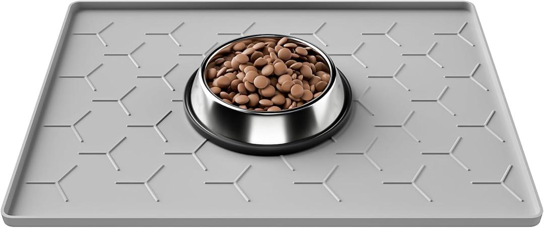 Pieviev 16''x12'' Dog Cat Food Bowl Mat, Silicone Waterproof Food Grade Pet Food Mat for Floor, High Raised Edge to Prevent Spills, Non-Slip & Easy Clean Pet Placemat for Dog & Cat Bowls, Light Gray