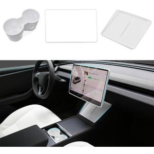TOPABYTE 3PCS Center Console Accessories for Tesla New Model Y Juniper 2026 2025 Model 3 Highland 2024 Cup Holder Insert, Screen Edge Protector Frame, Wireless Charger Mat Silicone, White