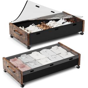 Under Bed Storage with Wheels, Rolling Underbed Storage Drawers, Wooden Under the Bed Storage with Remove Lid, Large Metal Storage Bins for Shoes Blankets Clothes Bedrooms Dorms (Vintage Brown-2pack)