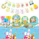 FoldTier 171 Pcs Happy Easter Party Supplies Disposable Easter Tableware Set with Bunny Colorful Eggs Plates Napkins Cups Banner Plastic Tablecloths for Easter Spring Holiday Party Decoration Serve 24