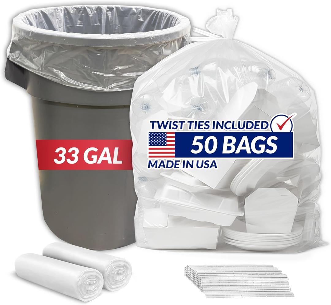 Reli. 33 Gallon Trash Bags Heavy Duty | 50 Trash Bags with Ties | Super Sizeable, Clear, Serious Garbage Cleanup