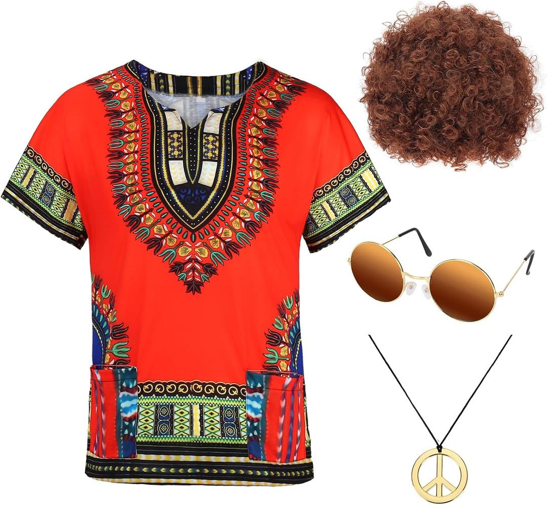 Ultrafun Hippie Costume for Men 60s 70s Hippie Outfits Afro T-Shirt Wig Accessories Set for Theme Parties (XX-Large)