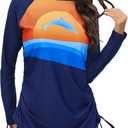 Halcurt Women's Long Sleeve Rash Guard Swim Shirt with Tie Drawstring UPF 50+ Sun Protection Swimsuit Top (Blue, L)