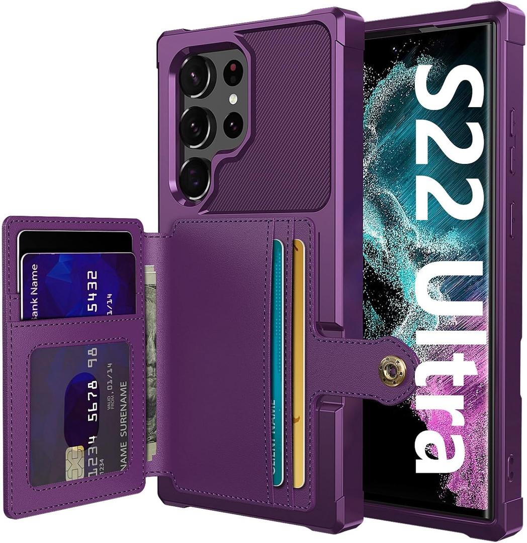 Wallet Case for Samsung Galaxy S22 Ultra, Compatible with Magnetic Car Mount, Heavy Duty Shockproof Rugged Soft TPU Back Leather Flip Credit Card Holder Cover 6.8 inch, Purple