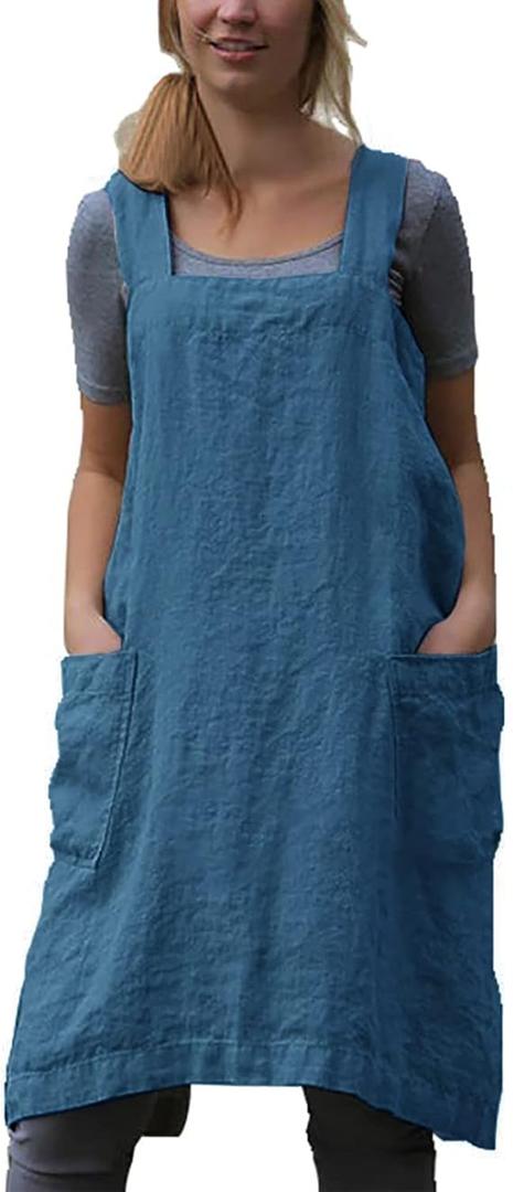 Women's Pinafore Apron Cross Back Apron with Pockets Cotton Linen Apron Dress XL